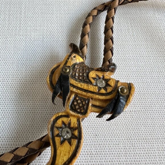 1960s–1970s Tooled Leather Saddle Bolo Tie, Western Bolo with Brass Tips - Picture 4 of 11